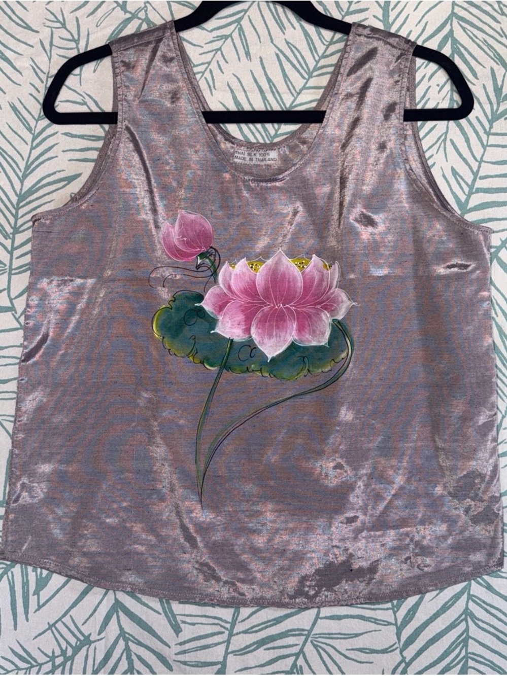 Thai Silk Hand-Painted Pink Lotus Velvet Tank Top